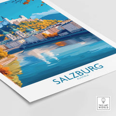 Salzburg Travel Poster showcasing picturesque views of Salzburg, Austria with vibrant colors and iconic landmarks.