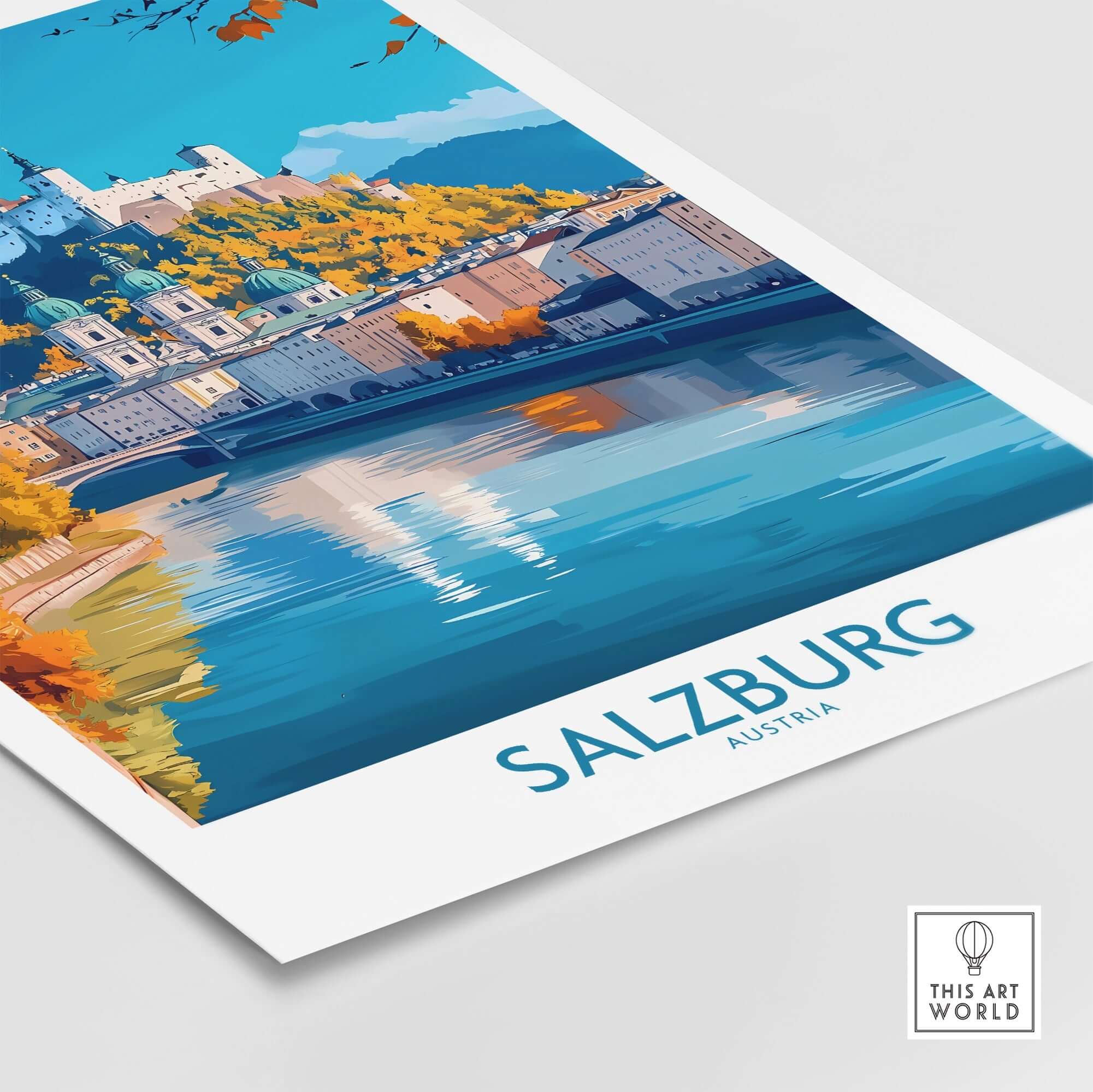 Salzburg Travel Poster showcasing picturesque views of Salzburg, Austria with vibrant colors and iconic landmarks.