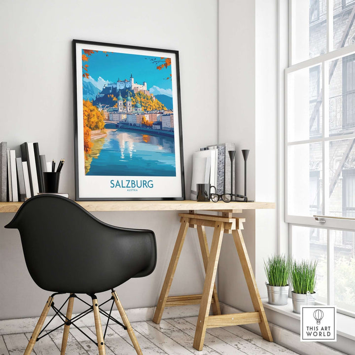 Salzburg travel poster showcased in a stylish office setting, featuring scenic views of the city and its iconic landmarks.