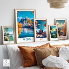 Salzburg Travel Poster displayed among other travel posters in an elegant home decor setting.