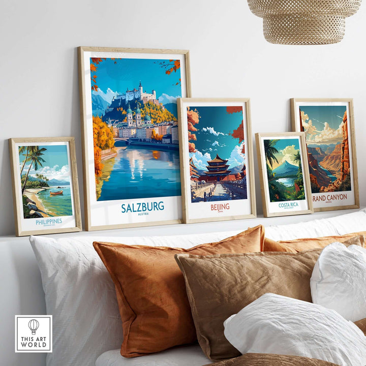 Interior display of travel posters, including Salzburg, showcasing iconic landmarks and vibrant landscapes, perfect for wanderlust lovers.