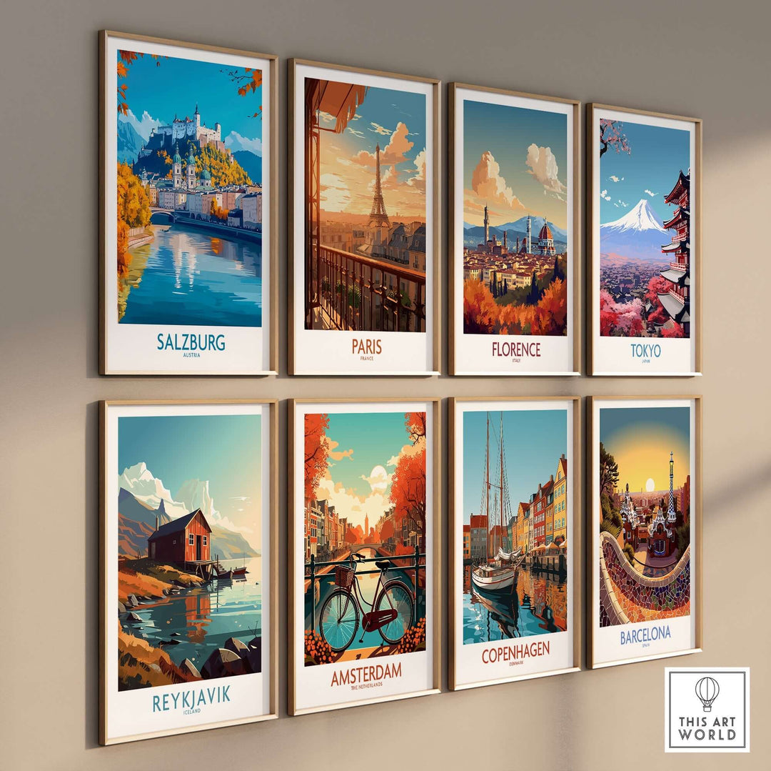 A collection of vibrant travel posters featuring Salzburg, Paris, Florence, Tokyo, Reykjavik, Amsterdam, Copenhagen, and Barcelona.