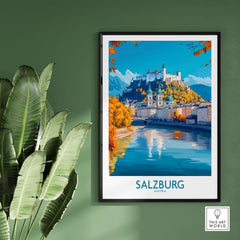 Salzburg Travel Poster showcasing the iconic castle and river scenery of Salzburg, Austria.