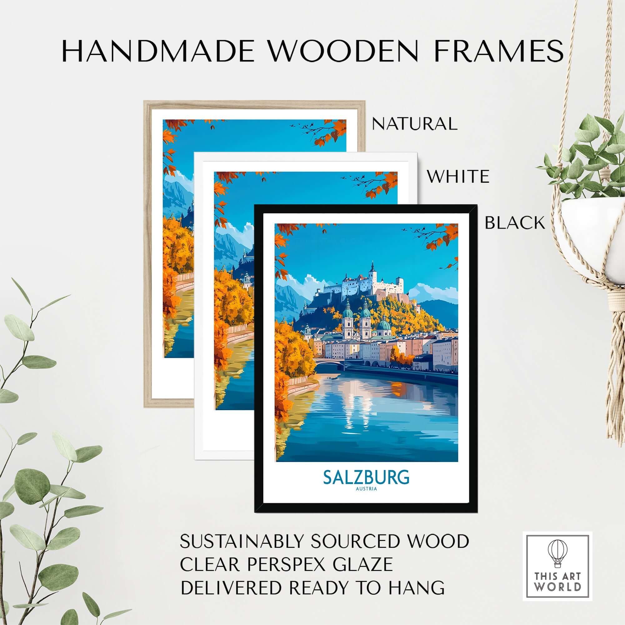Salzburg Travel Poster displayed in three handmade wooden frames: natural, white, and black.