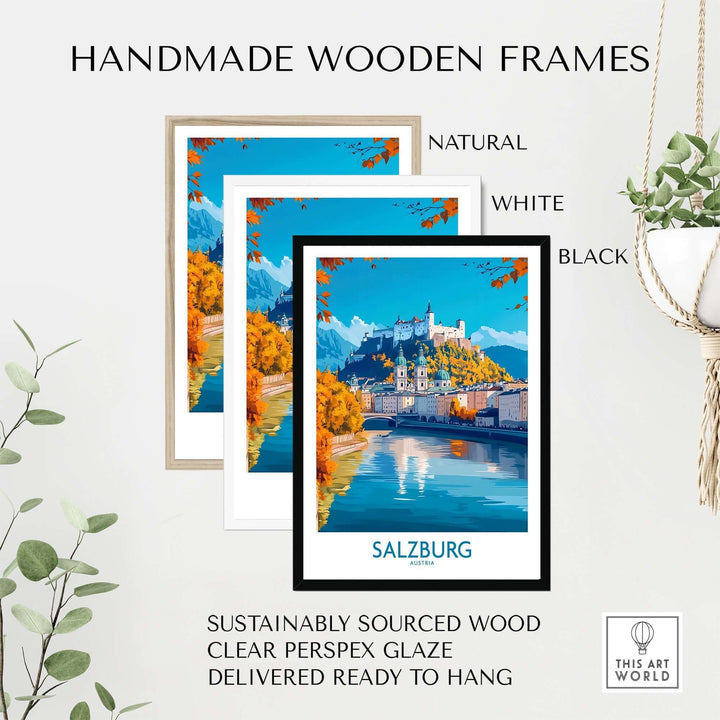 Handmade wooden frames in natural, white, and black showcasing a Salzburg travel poster with iconic landmarks and vibrant colors.