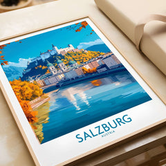 Salzburg Travel Poster showcasing Salzburg's iconic landmarks and scenic views, perfect for travel enthusiasts.