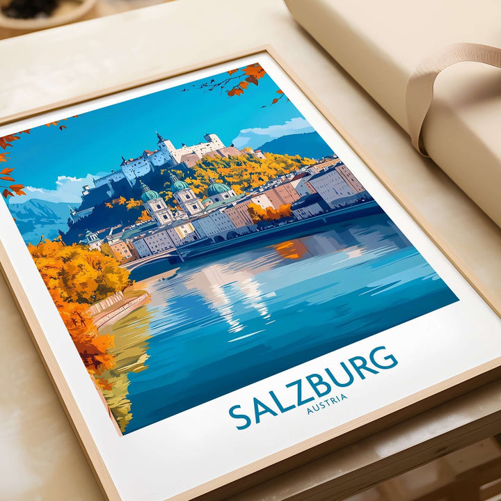 Salzburg travel poster featuring the city's iconic fortress and river view, perfect for wanderlust inspiration in any space.