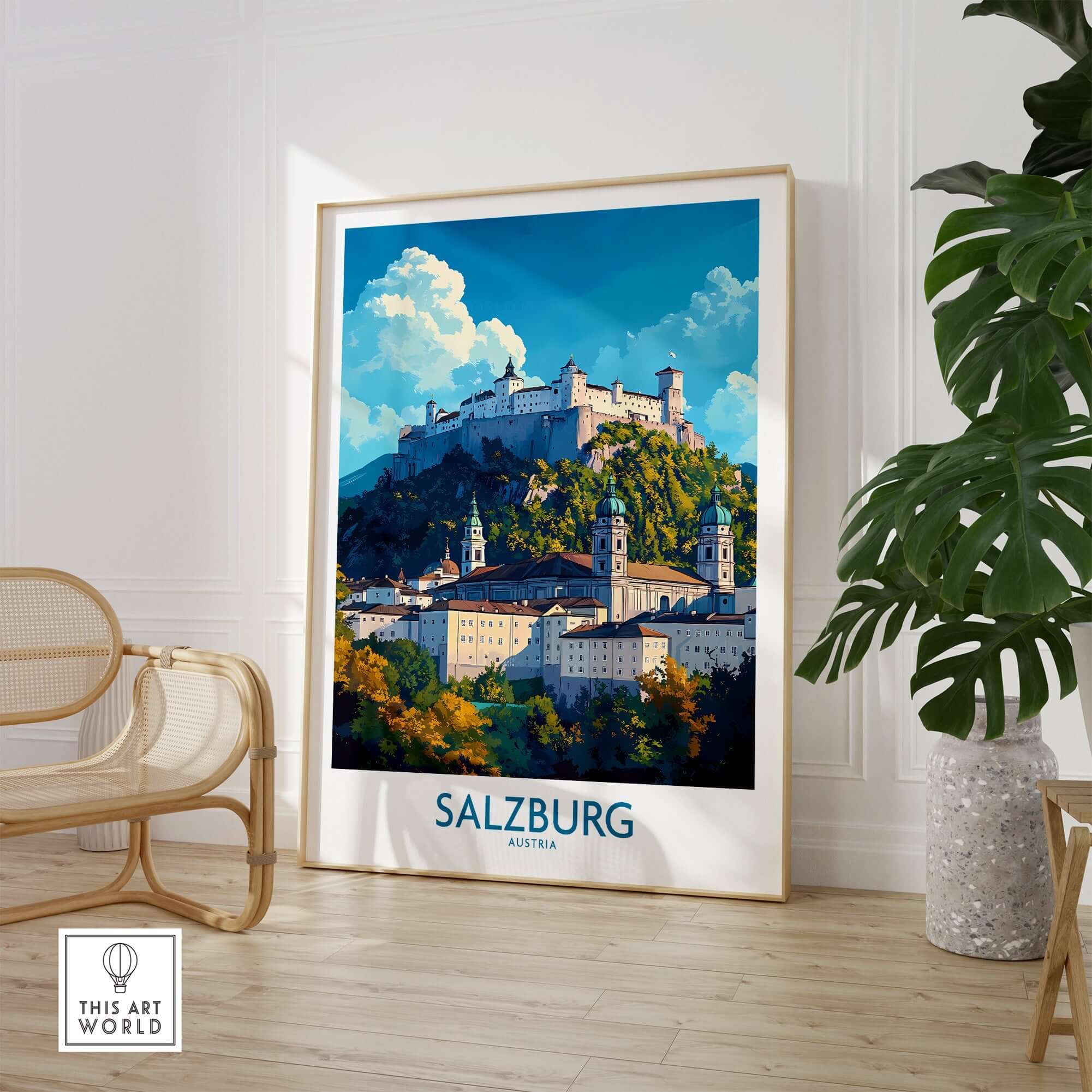 Salzburg Wall Art Poster showcasing the iconic fortress and cityscape of Salzburg, Austria in a vibrant and charming design.