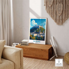 Salzburg Wall Art Poster displayed in a cozy living room setting, showcasing beautiful Salzburg scenery.