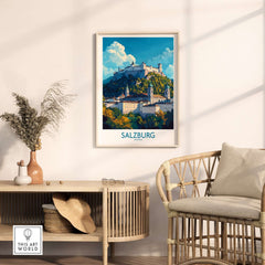 Salzburg Wall Art Poster displayed in a stylish living room, showcasing the beautiful fortress and vibrant colors.