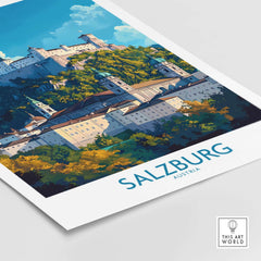 Salzburg Wall Art Poster showcasing a stunning illustration of Salzburg, Austria with vibrant colors and intricate details.
