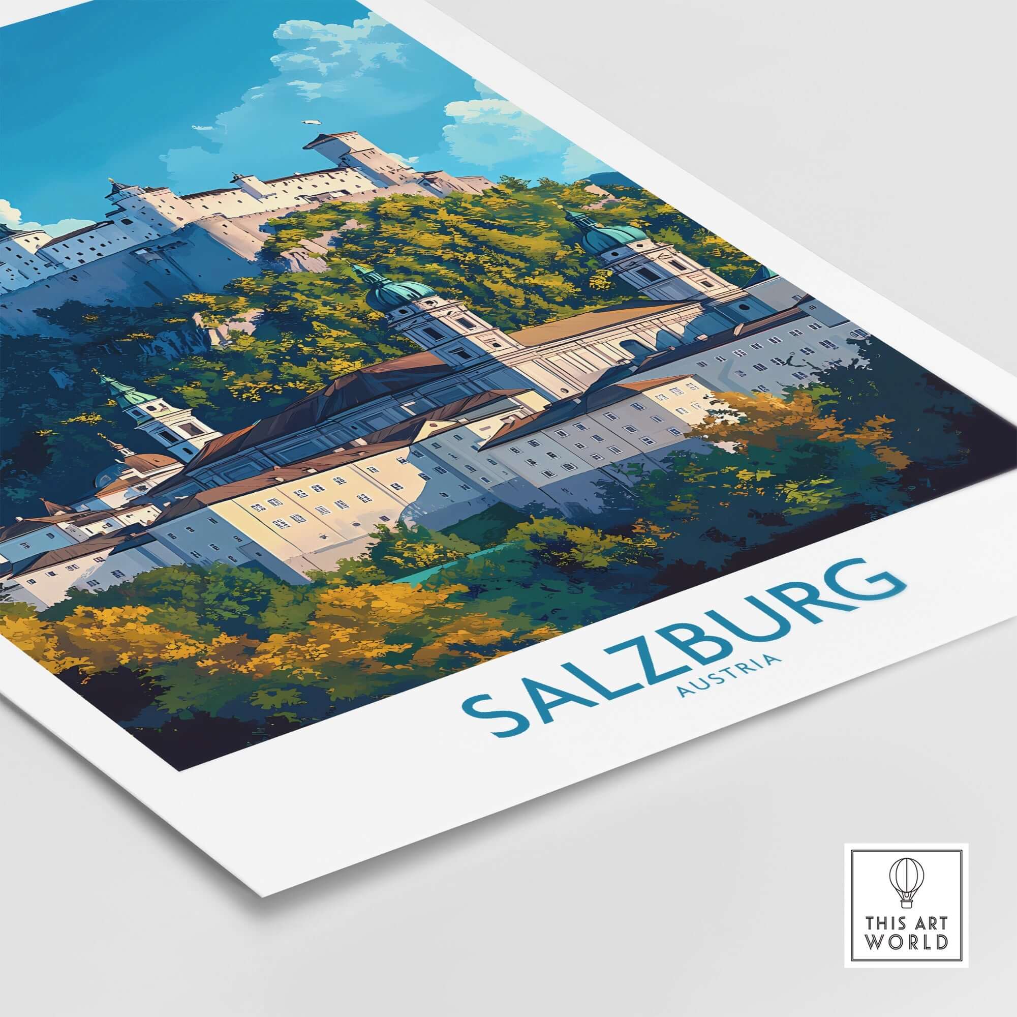 Salzburg Wall Art Poster showcasing a stunning illustration of Salzburg, Austria with vibrant colors and intricate details.