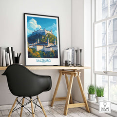 Salzburg Wall Art Poster displayed in a modern workspace, featuring the beautiful skyline of Salzburg, Austria.