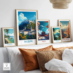Salzburg Wall Art Poster displayed with other travel art prints, highlighting the beauty of Salzburg.