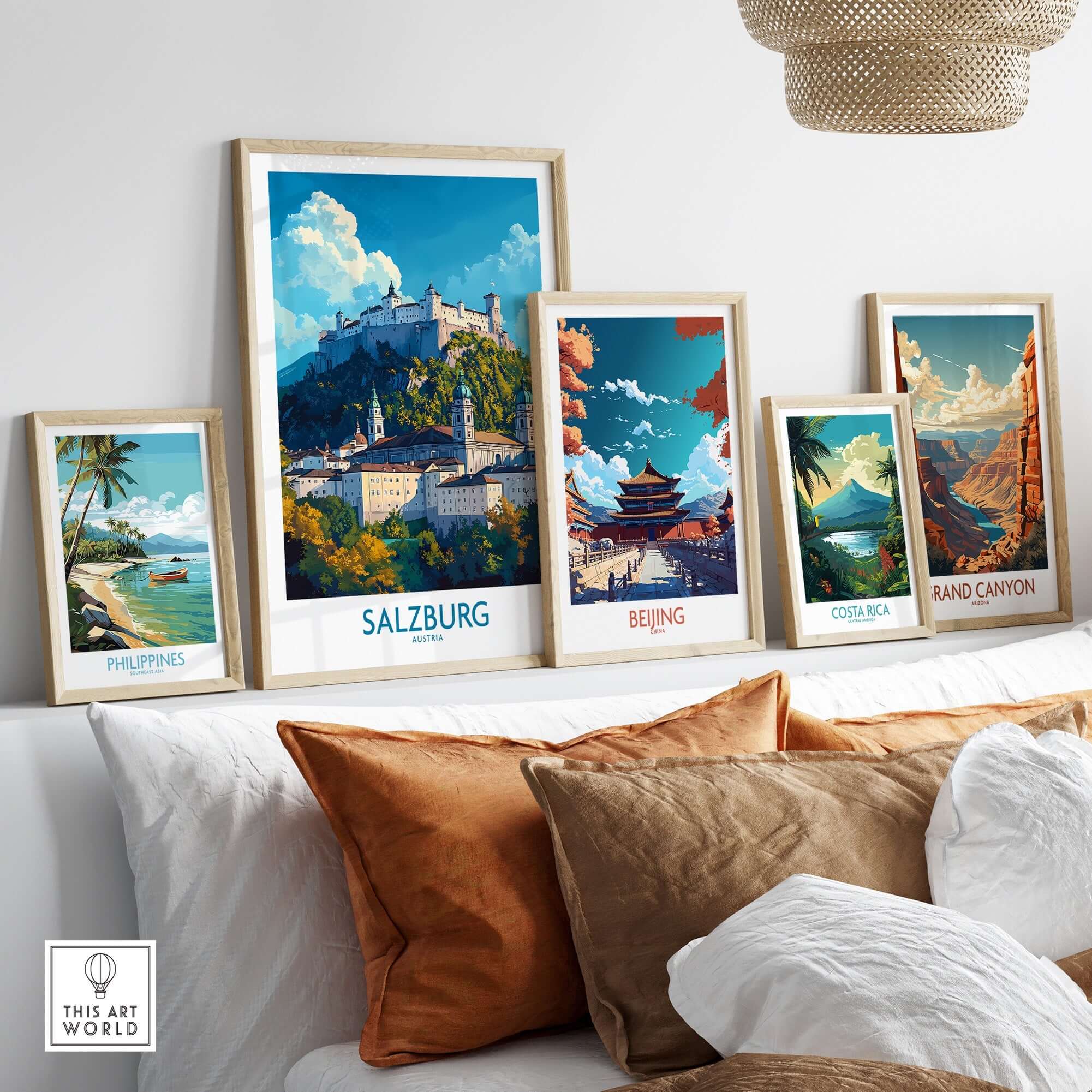 Salzburg Wall Art Poster displayed with other travel art prints, highlighting the beauty of Salzburg.