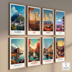 Salzburg Wall Art Poster among vibrant city travel posters including Paris, Florence, Tokyo, Reykjavik, Amsterdam, Copenhagen, Barcelona.