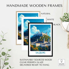 Salzburg Wall Art Poster displayed in natural, white, and black handmade wooden frames with clear perspex glaze.