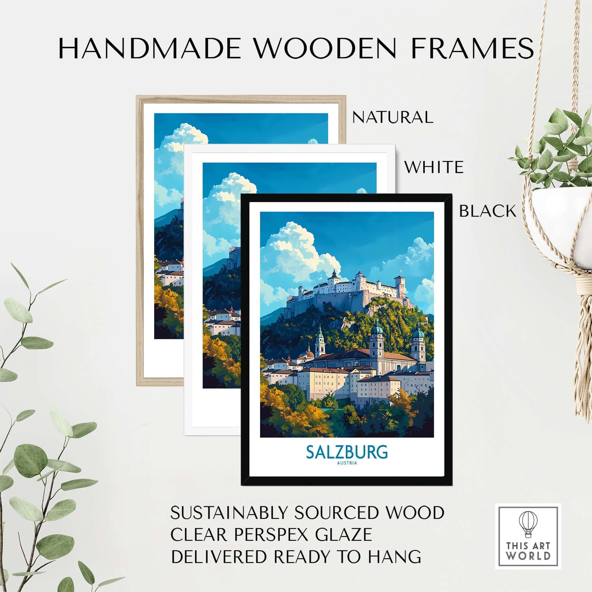 Salzburg Wall Art Poster displayed in natural, white, and black handmade wooden frames with clear perspex glaze.
