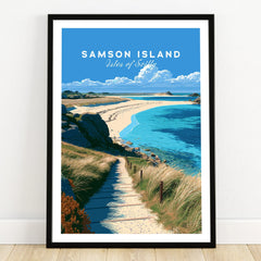 Samson Isles of Scilly Sandbar Travel Poster — art print in black frame on wooden floor