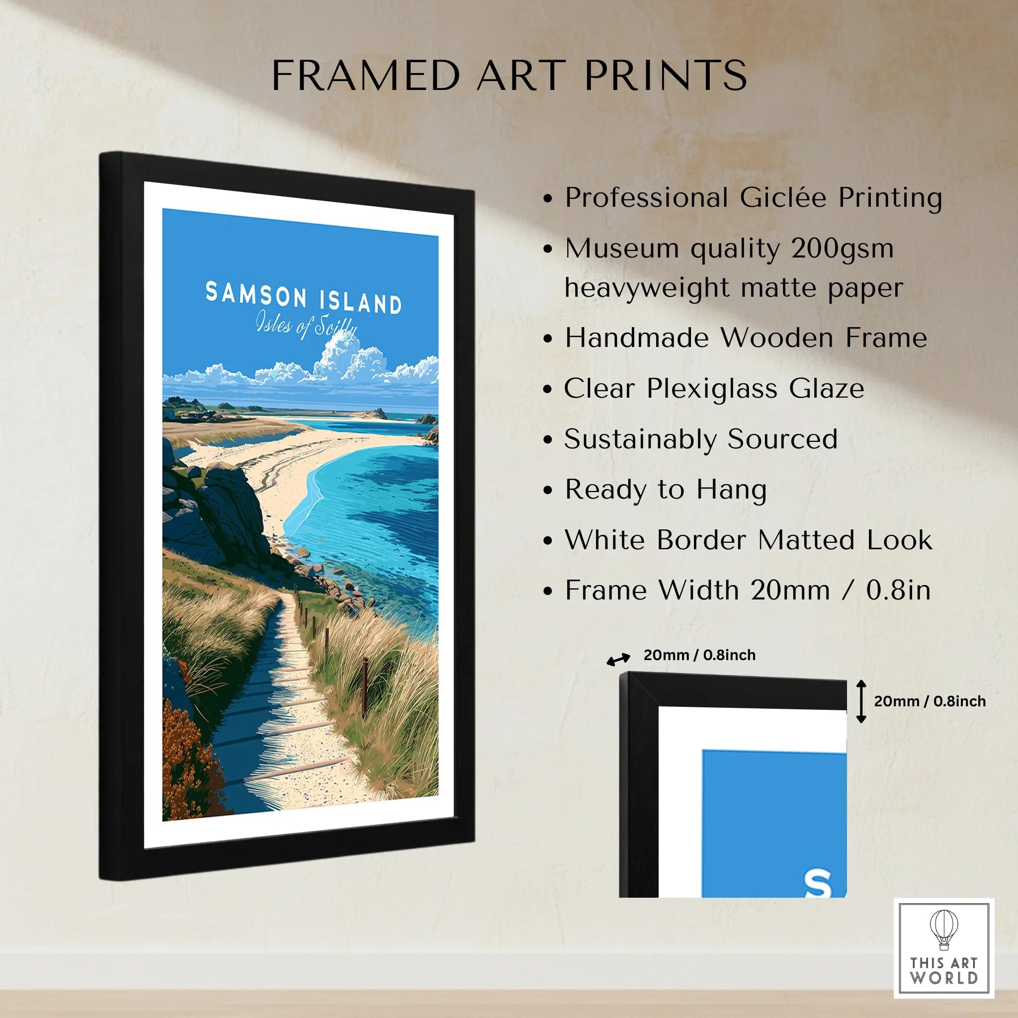 Samson Isles of Scilly Sandbar Travel Poster — framed print details measurements quality details