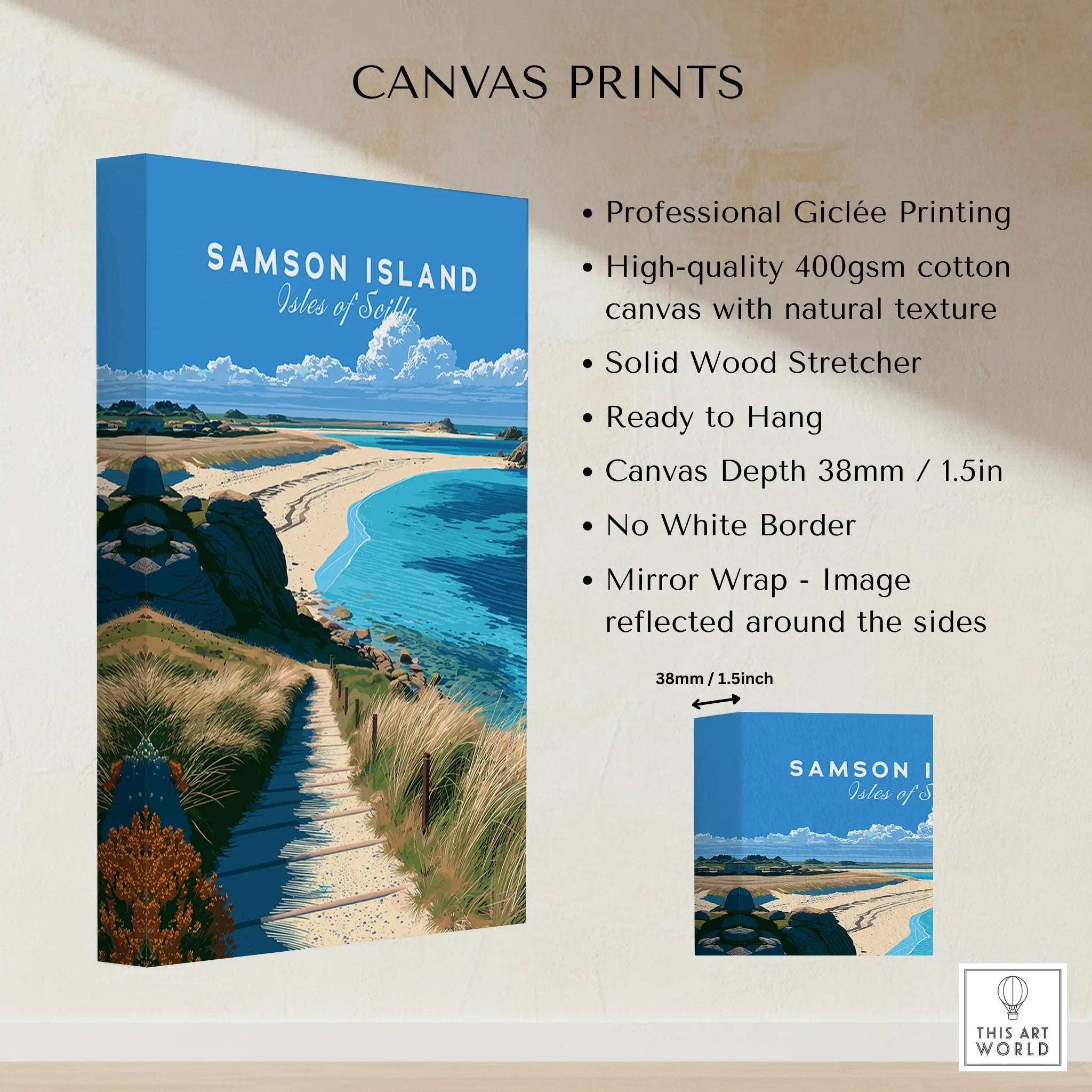 Samson Isles of Scilly Sandbar Travel Poster — canvas print stretched cotton canvas details