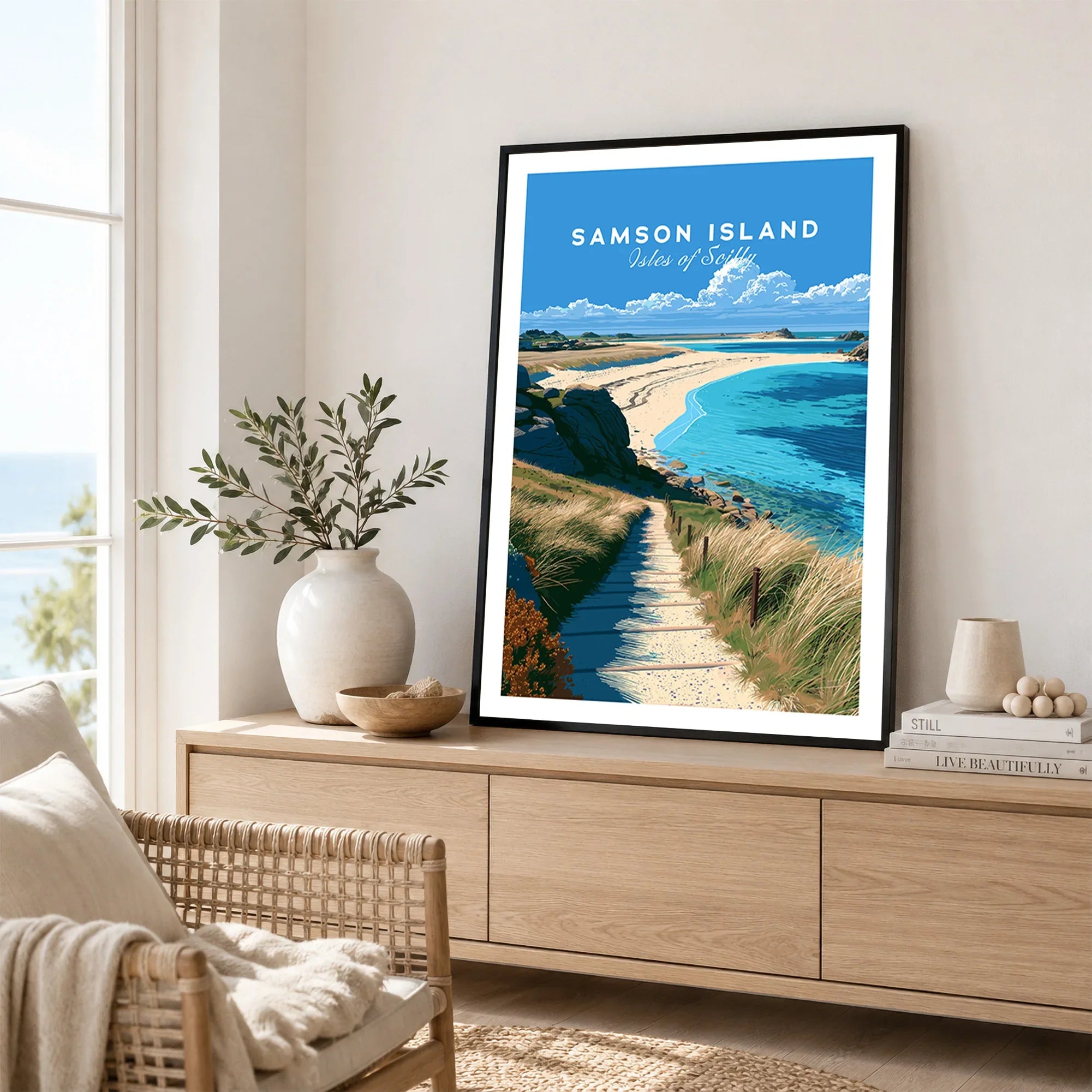 Samson Isles of Scilly Sandbar Travel Poster — framed artwork living room lifestyle setting