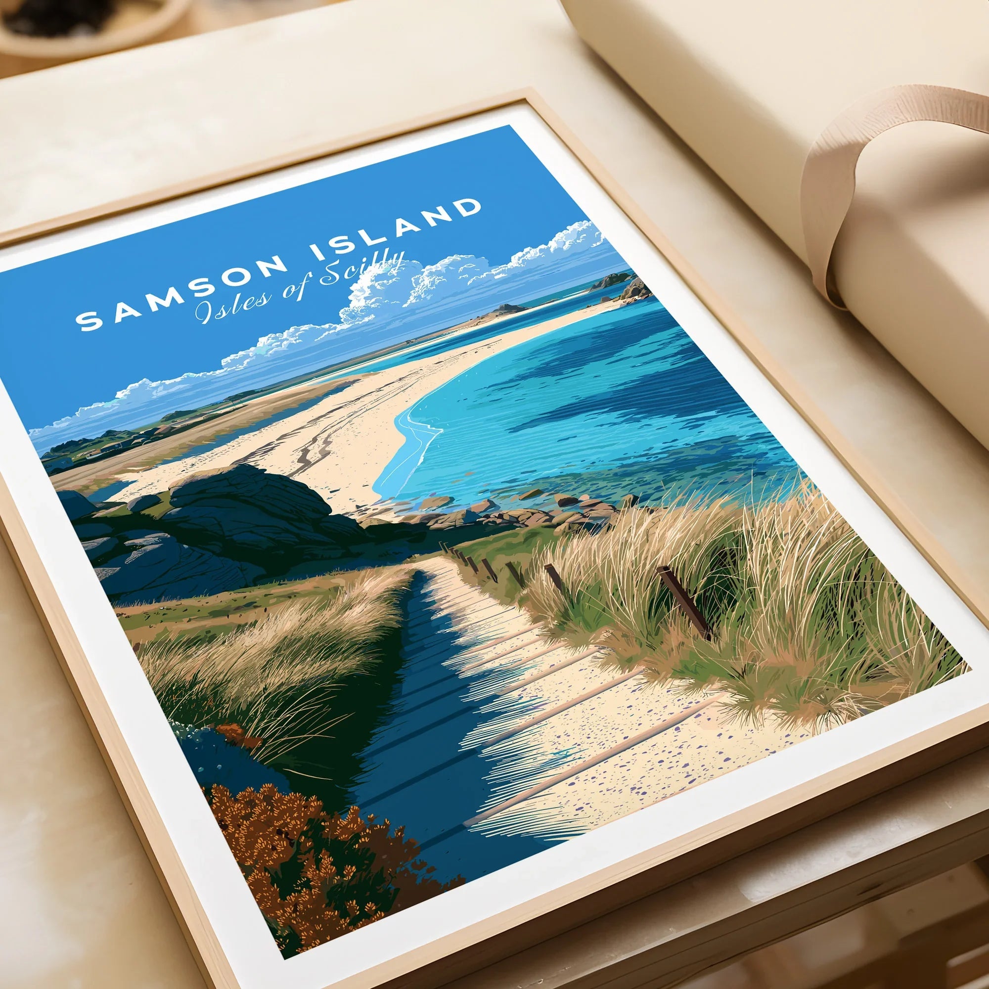 Samson Isles of Scilly Sandbar Travel Poster — framed art print closeup gift unwrapped natural frame