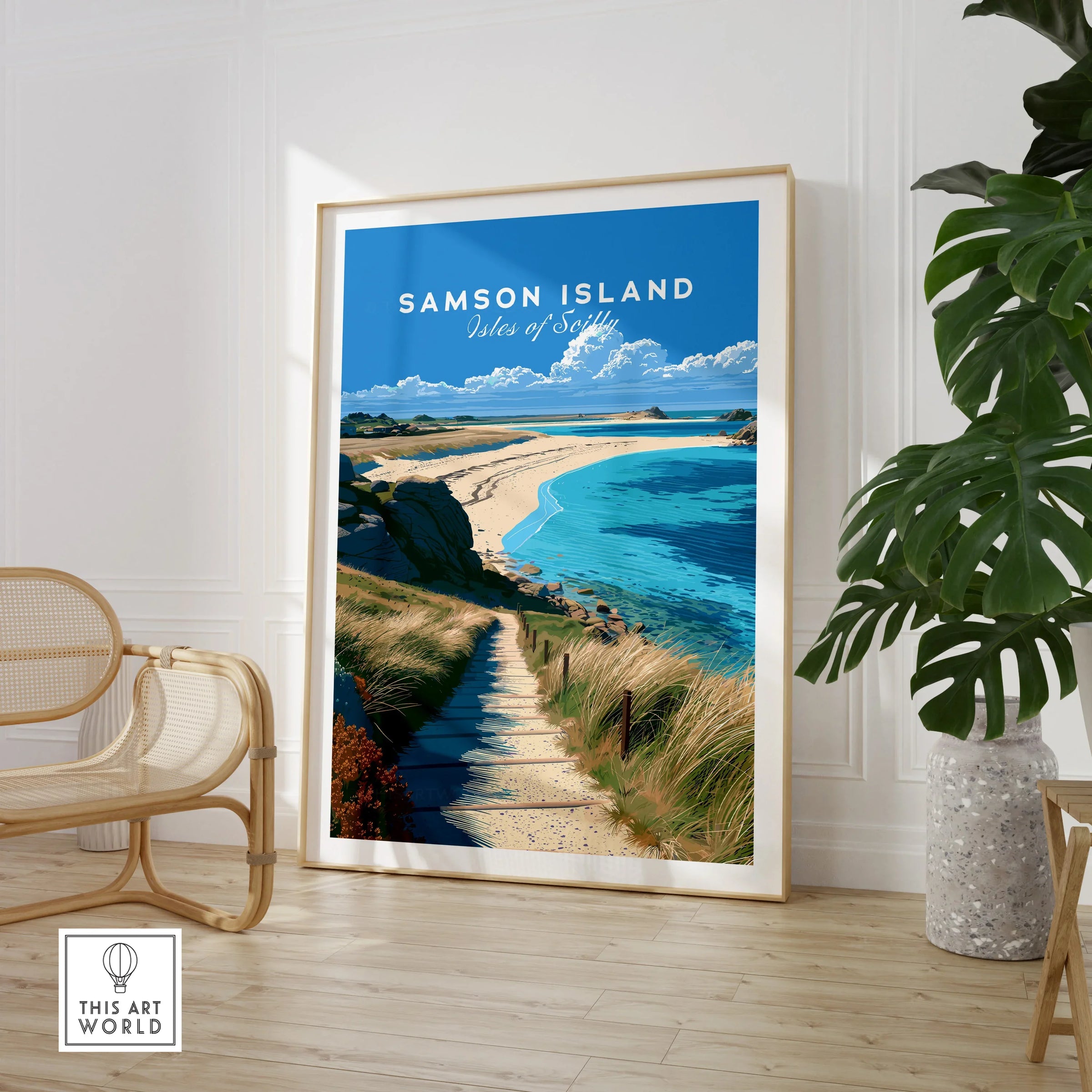 Samson Isles of Scilly Sandbar Travel Poster — large framed print room setting chair plant
