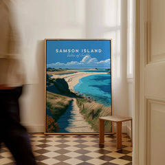 Samson Isles of Scilly Sandbar Travel Poster — framed canvas on floor man walking past