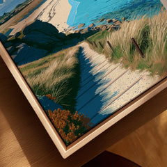 Samson Isles of Scilly Sandbar Travel Poster — closeup framed canvas natural wood floating frame