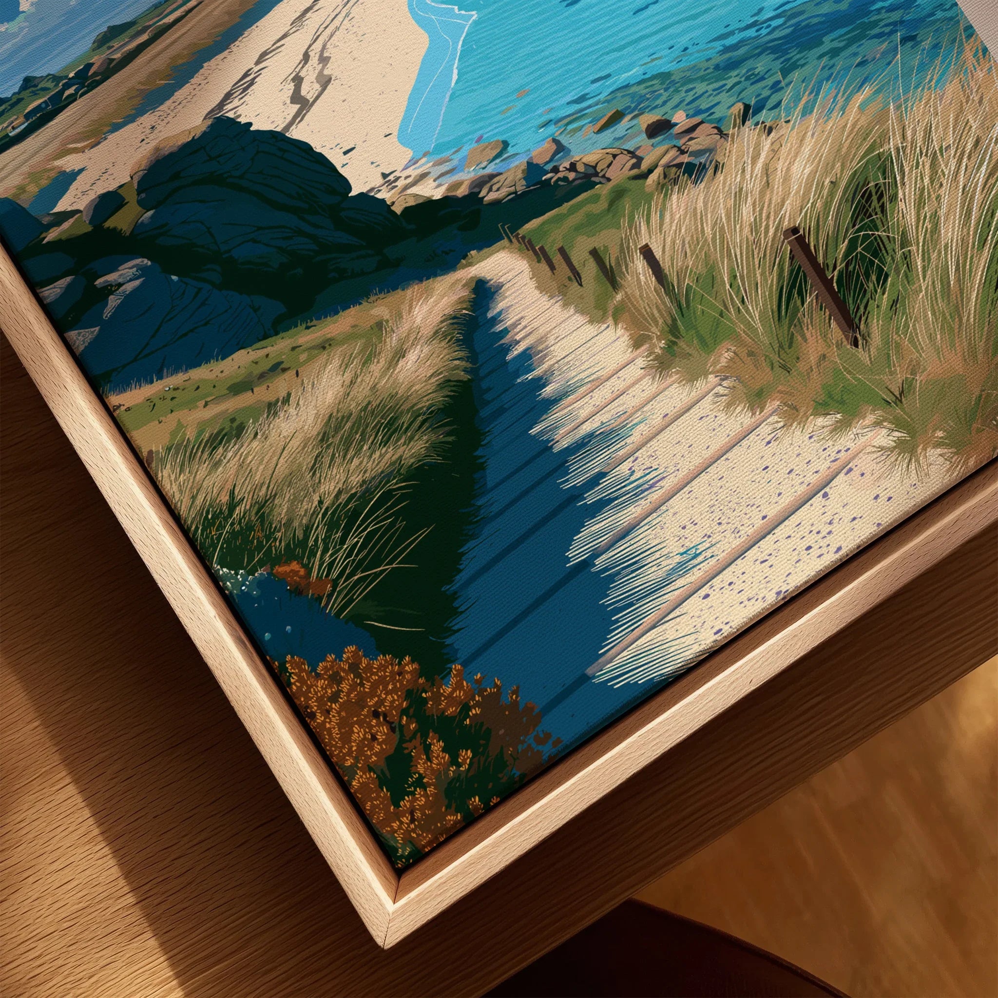 Samson Isles of Scilly Sandbar Travel Poster — closeup framed canvas natural wood floating frame