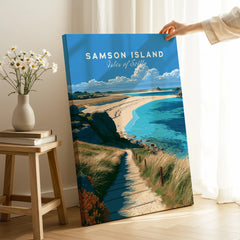 Samson Isles of Scilly Sandbar Travel Poster — canvas print mirror edge hand holding room setting