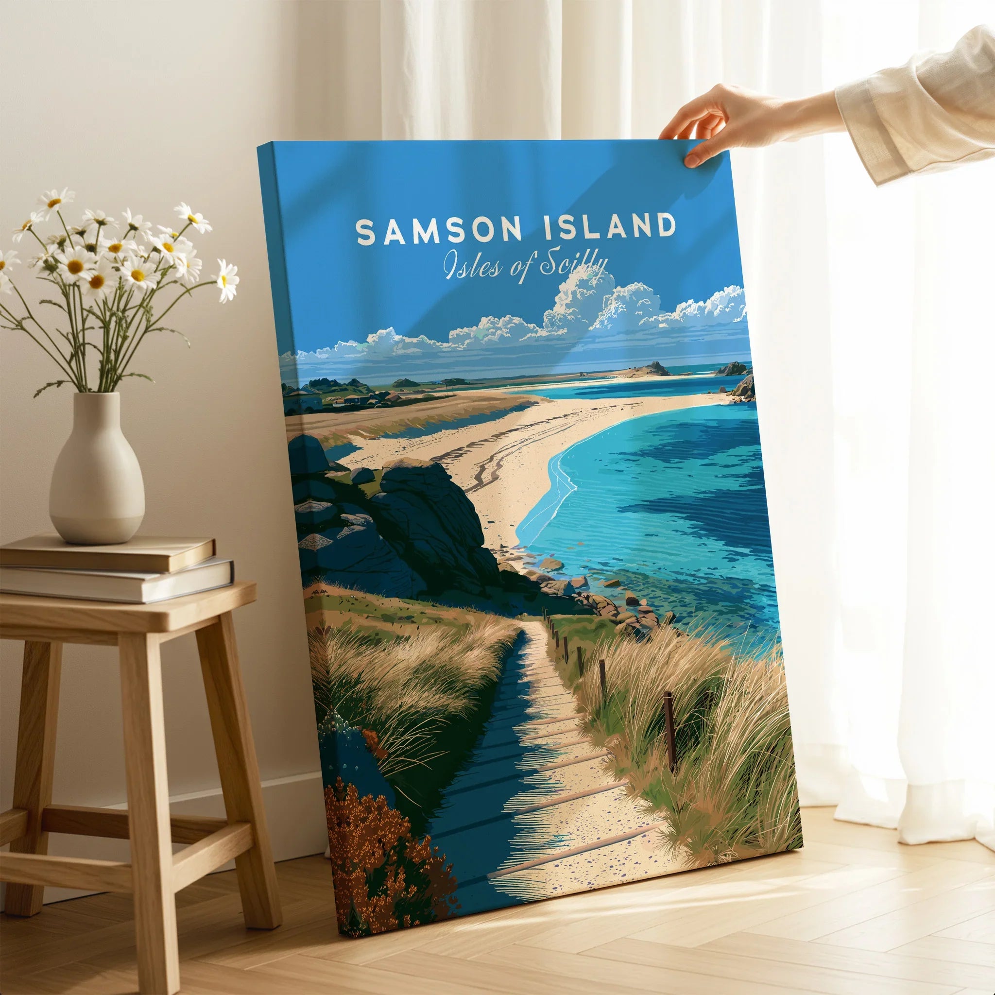 Samson Isles of Scilly Sandbar Travel Poster — canvas print mirror edge hand holding room setting