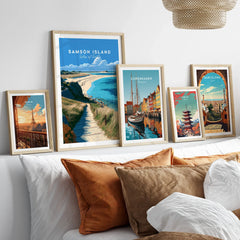 Samson Isles of Scilly Sandbar Travel Poster — set five framed artprints above bed natural wood frames
