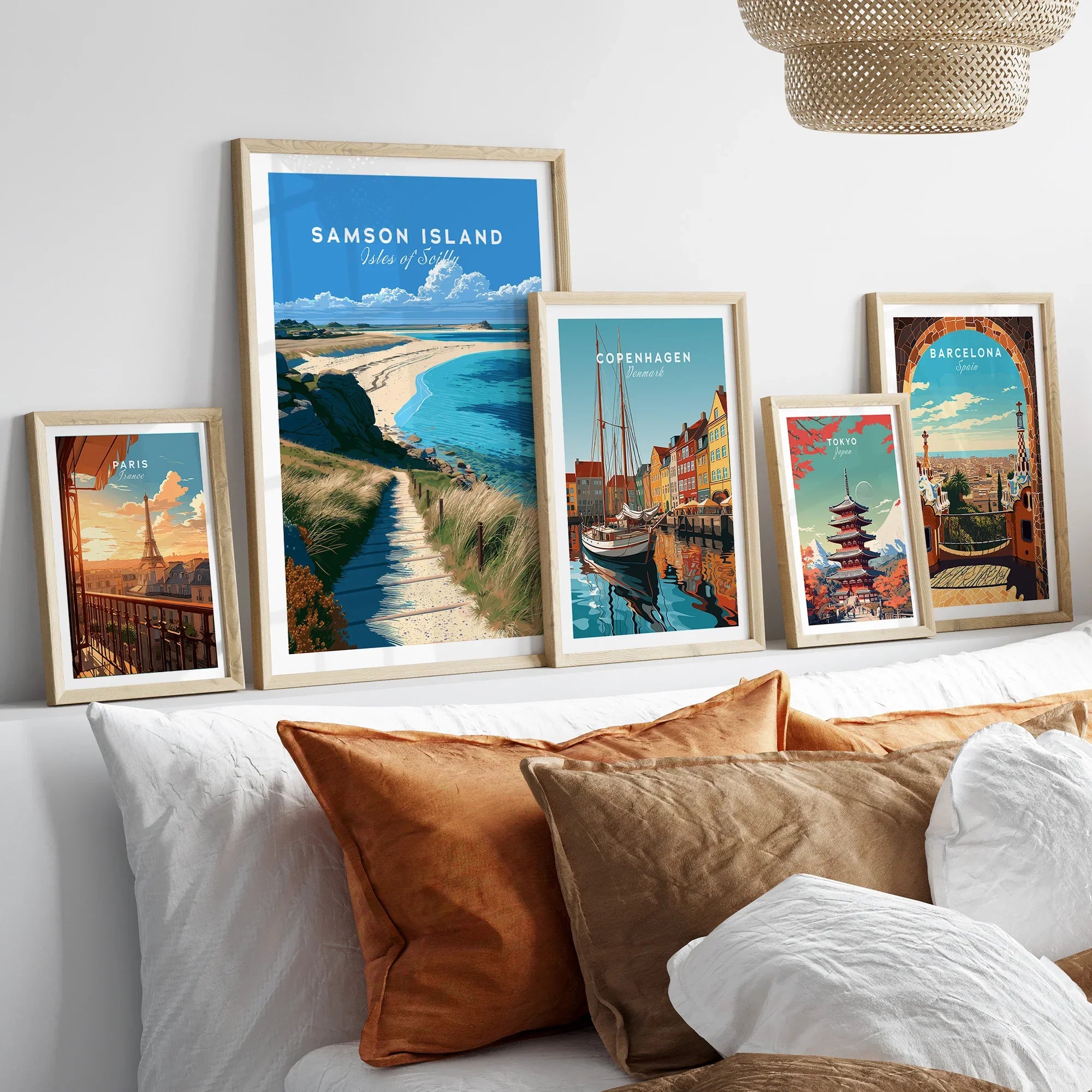 Samson Isles of Scilly Sandbar Travel Poster — set five framed artprints above bed natural wood frames