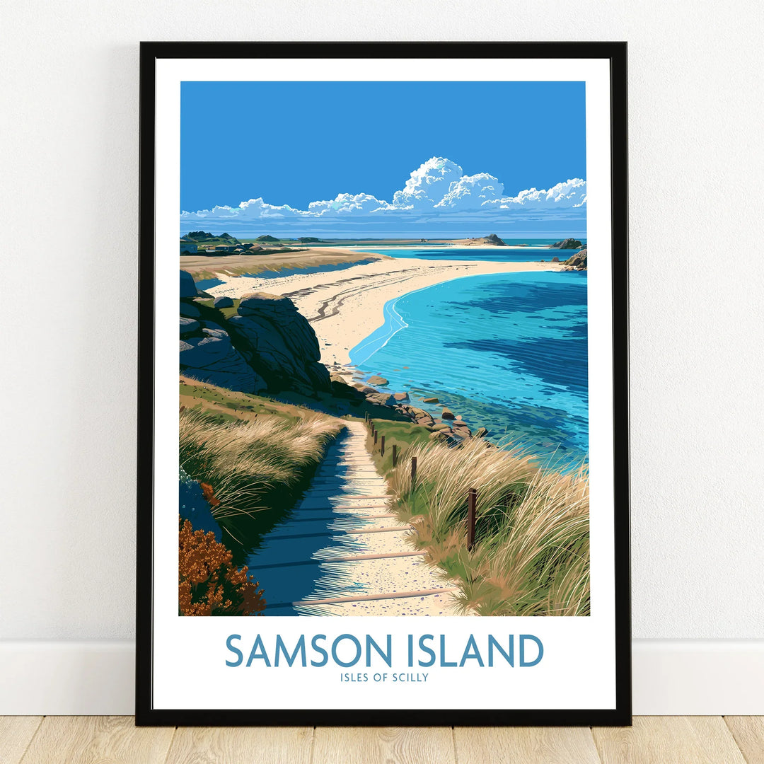 Samson Isles of Scilly Beach Wall Art — art print in black frame on wooden floor