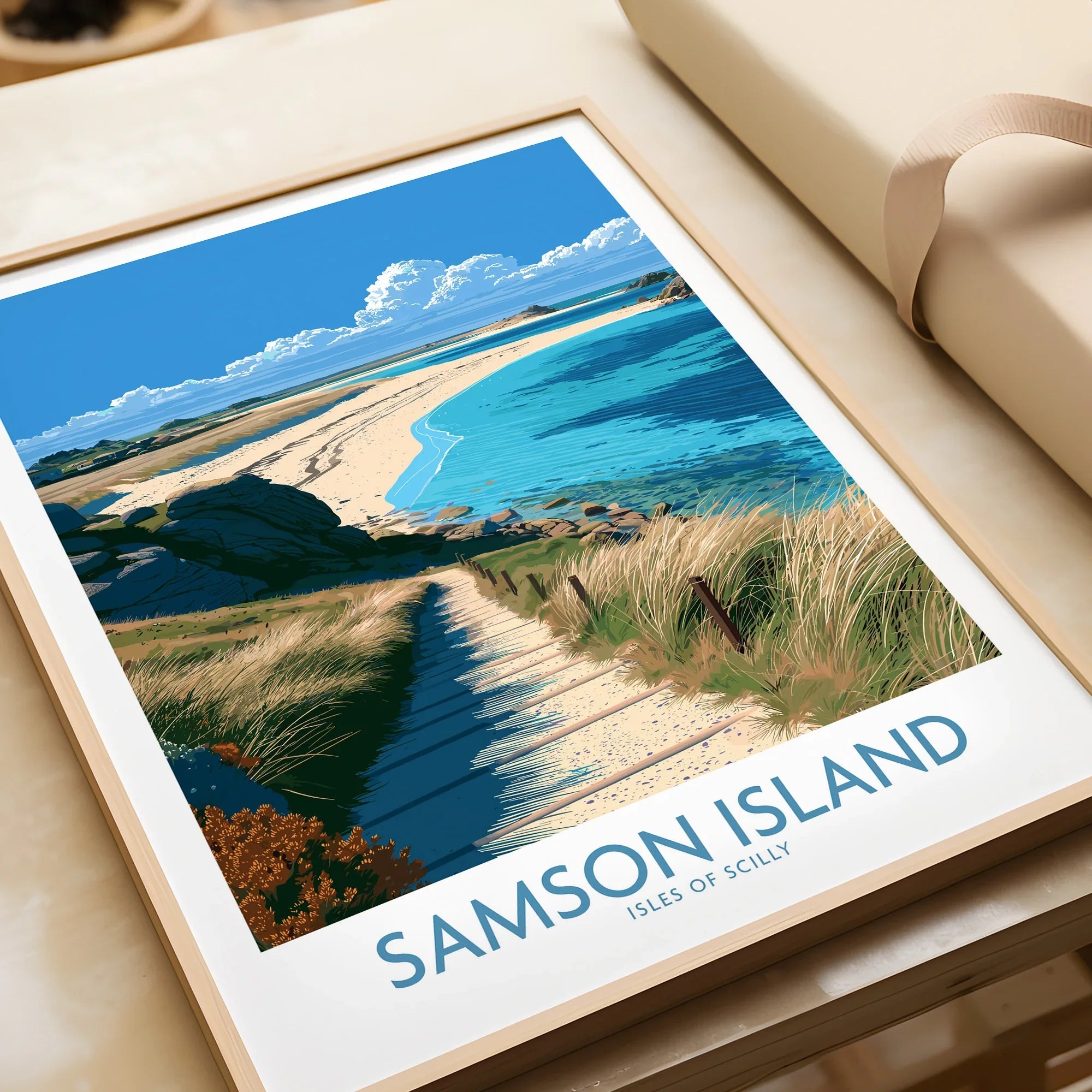 Samson Isles of Scilly Beach Wall Art — framed art print closeup gift unwrapped natural frame
