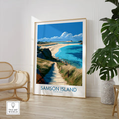 Samson Isles of Scilly Beach Wall Art — large framed print room setting chair plant