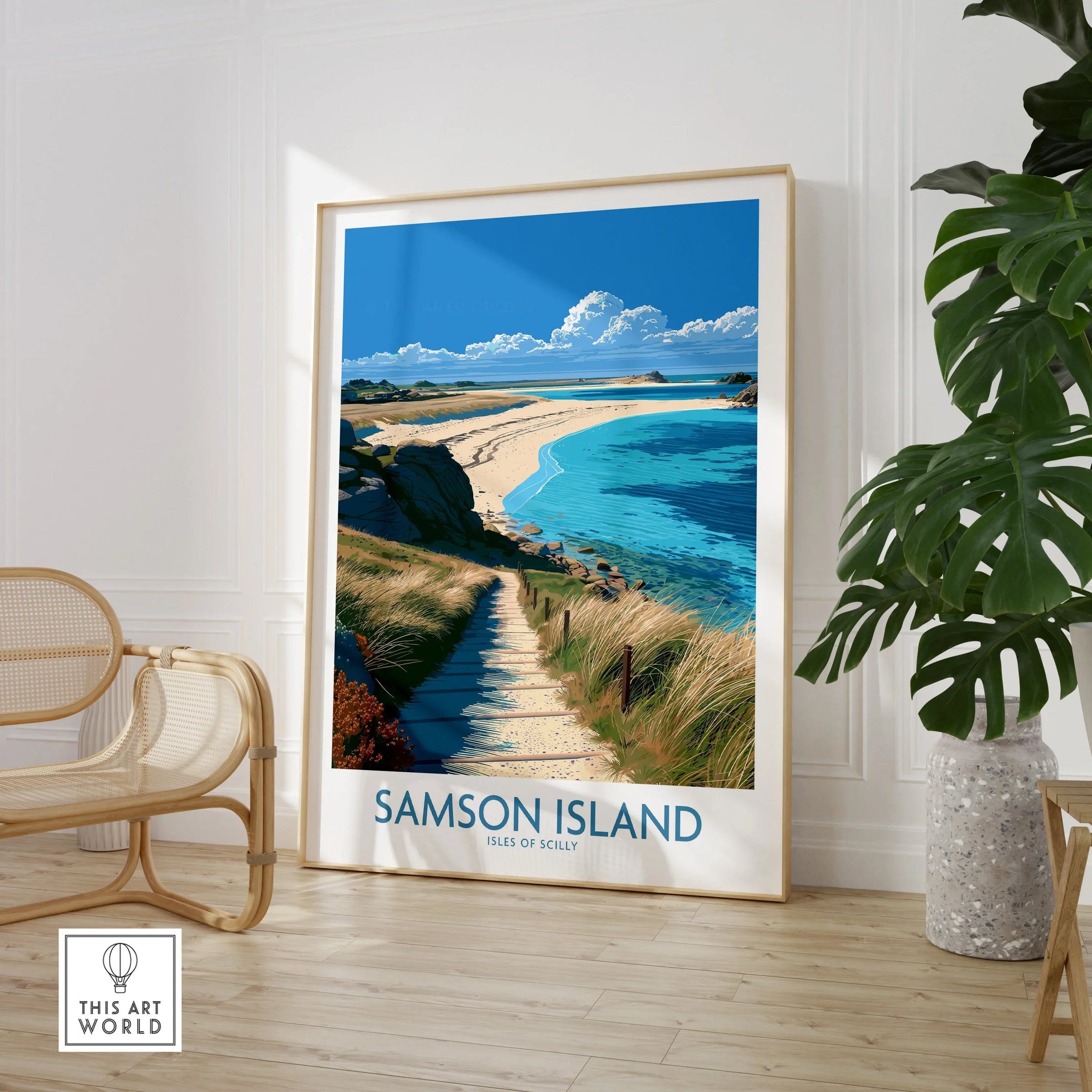 Samson Isles of Scilly Beach Wall Art — large framed print room setting chair plant