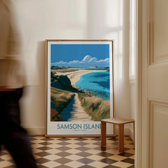 Samson Isles of Scilly Beach Wall Art — framed canvas on floor man walking past