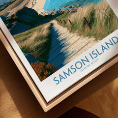 Samson Isles of Scilly Beach Wall Art — closeup framed canvas natural wood floating frame