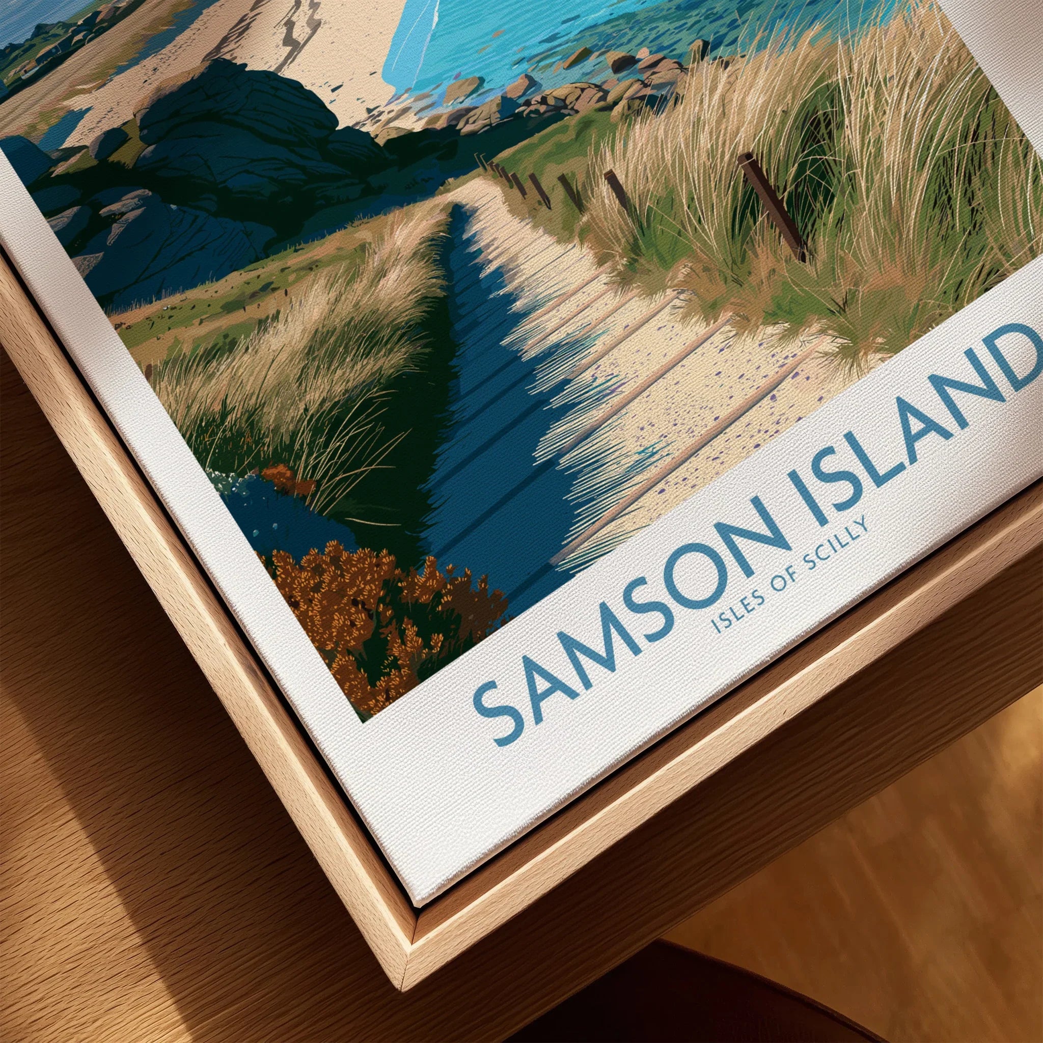 Samson Isles of Scilly Beach Wall Art — closeup framed canvas natural wood floating frame