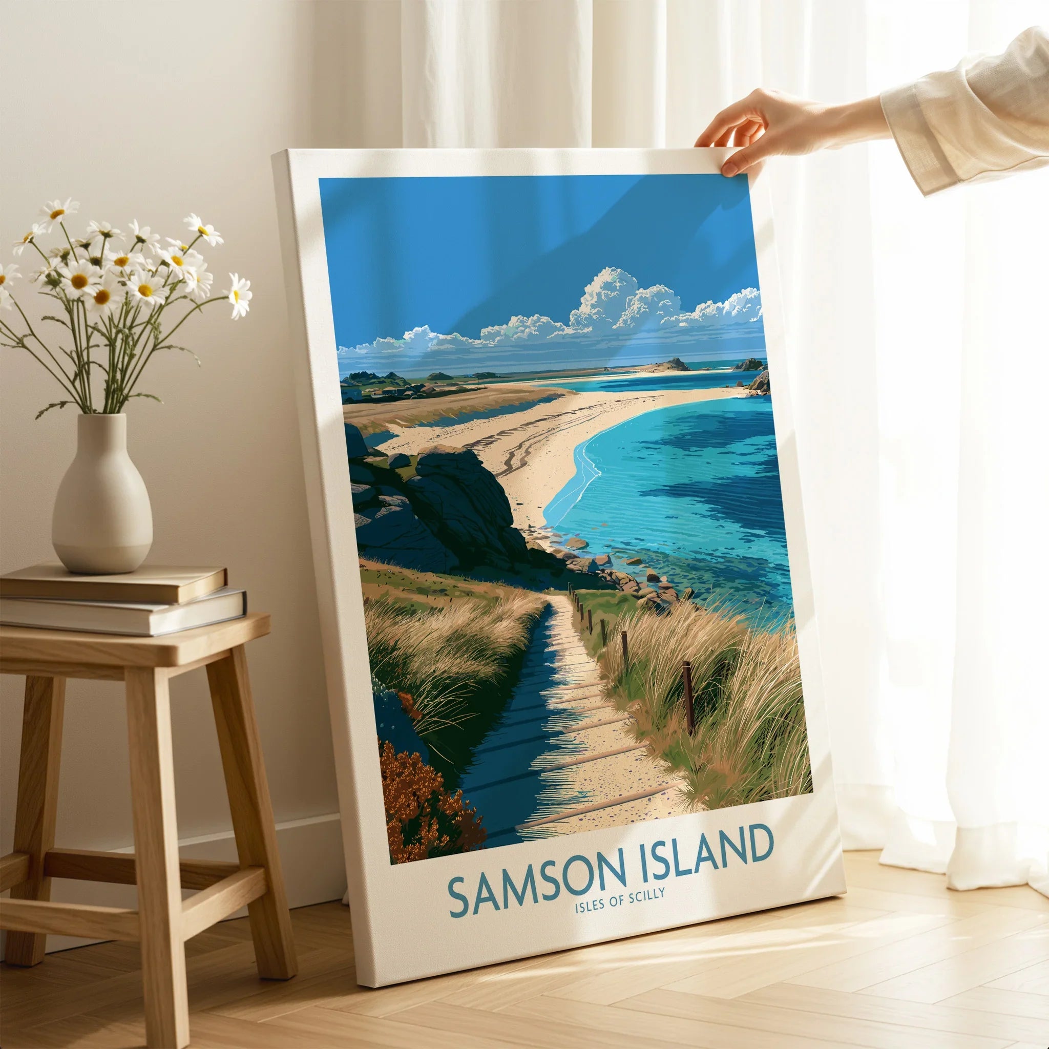 Samson Isles of Scilly Beach Wall Art — canvas print mirror edge hand holding room setting