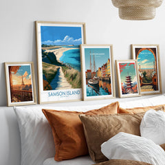 Samson Isles of Scilly Beach Wall Art — set five framed artprints above bed natural wood frames