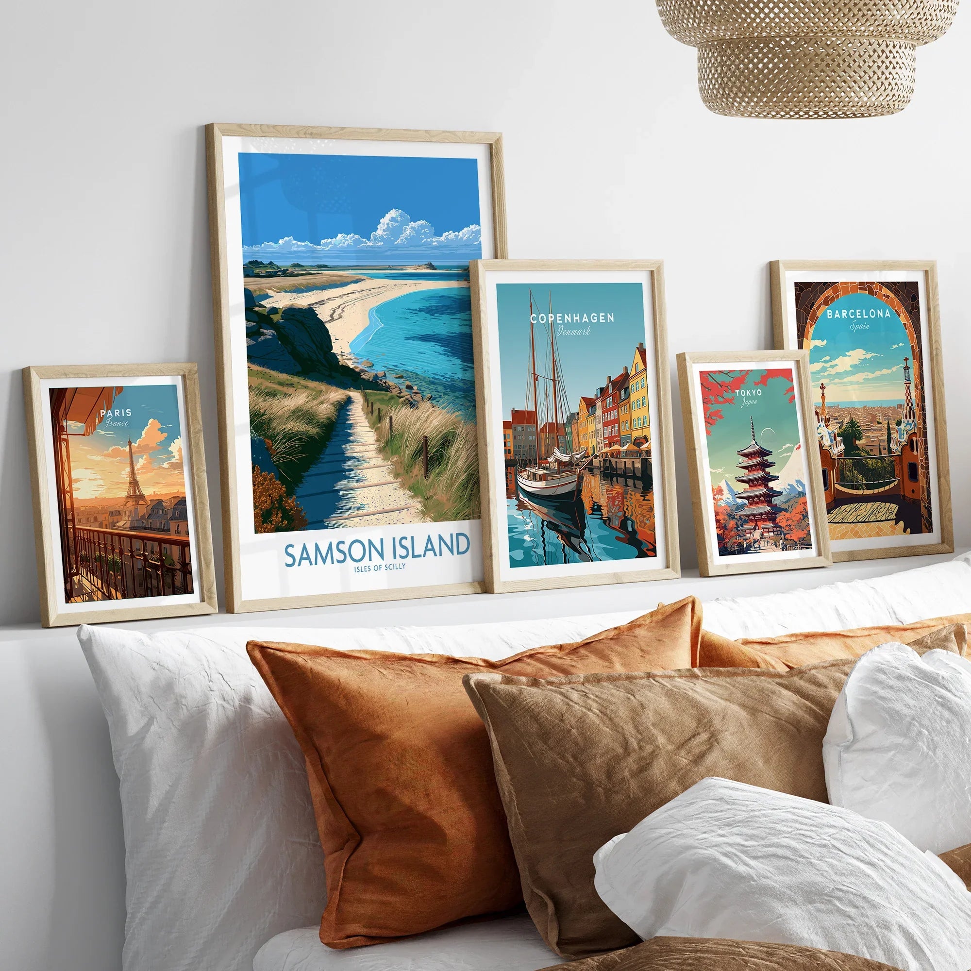 Samson Isles of Scilly Beach Wall Art — set five framed artprints above bed natural wood frames