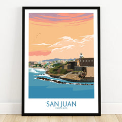 San Juan Puerto Rico travel poster with coastal cityscape, lighthouse, and sunset sky, framed wall art