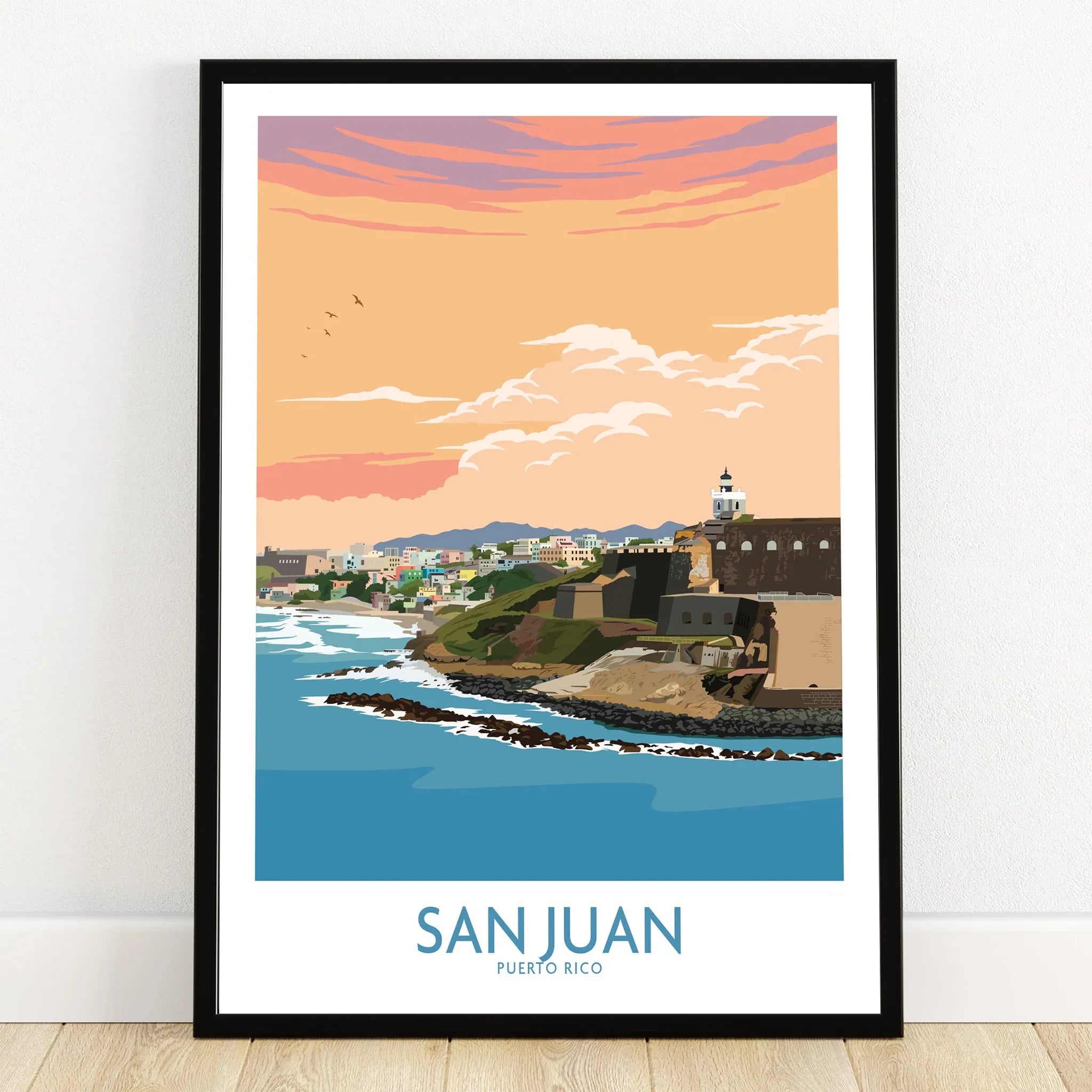 San Juan Puerto Rico travel poster with coastal cityscape, lighthouse, and sunset sky, framed wall art
