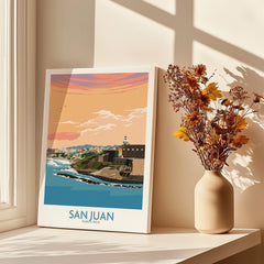 San Juan Puerto Rico travel poster print with coastal sunset, lighthouse, and cityscape, perfect for wall art decor