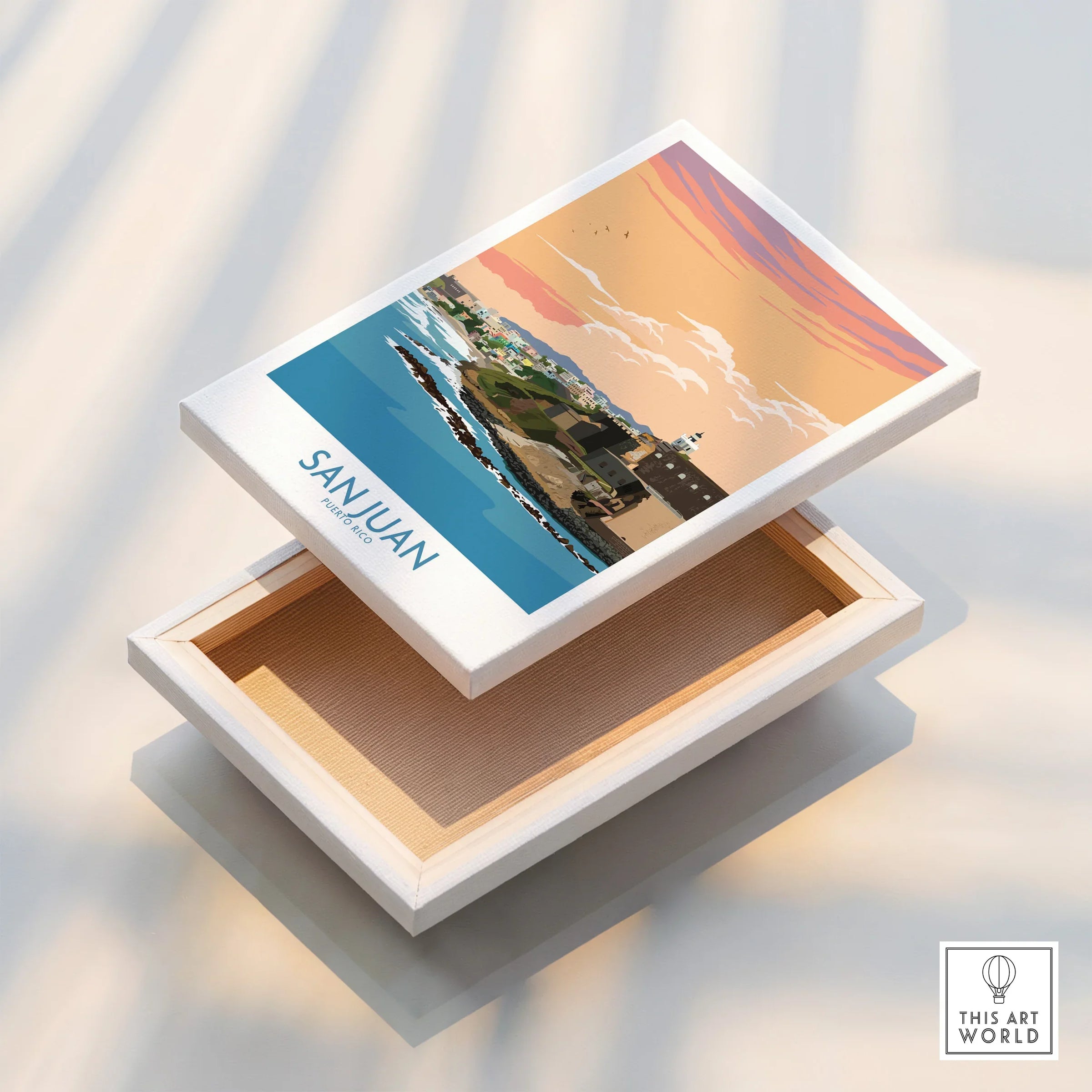 San Juan Puerto Rico travel poster canvas art with coastal sunset view, ideal for wall decor