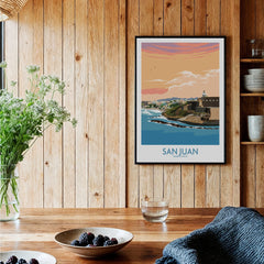 San Juan Puerto Rico travel poster with coastal cityscape, sunset sky, and historic fort, ideal wall art for home decor.
